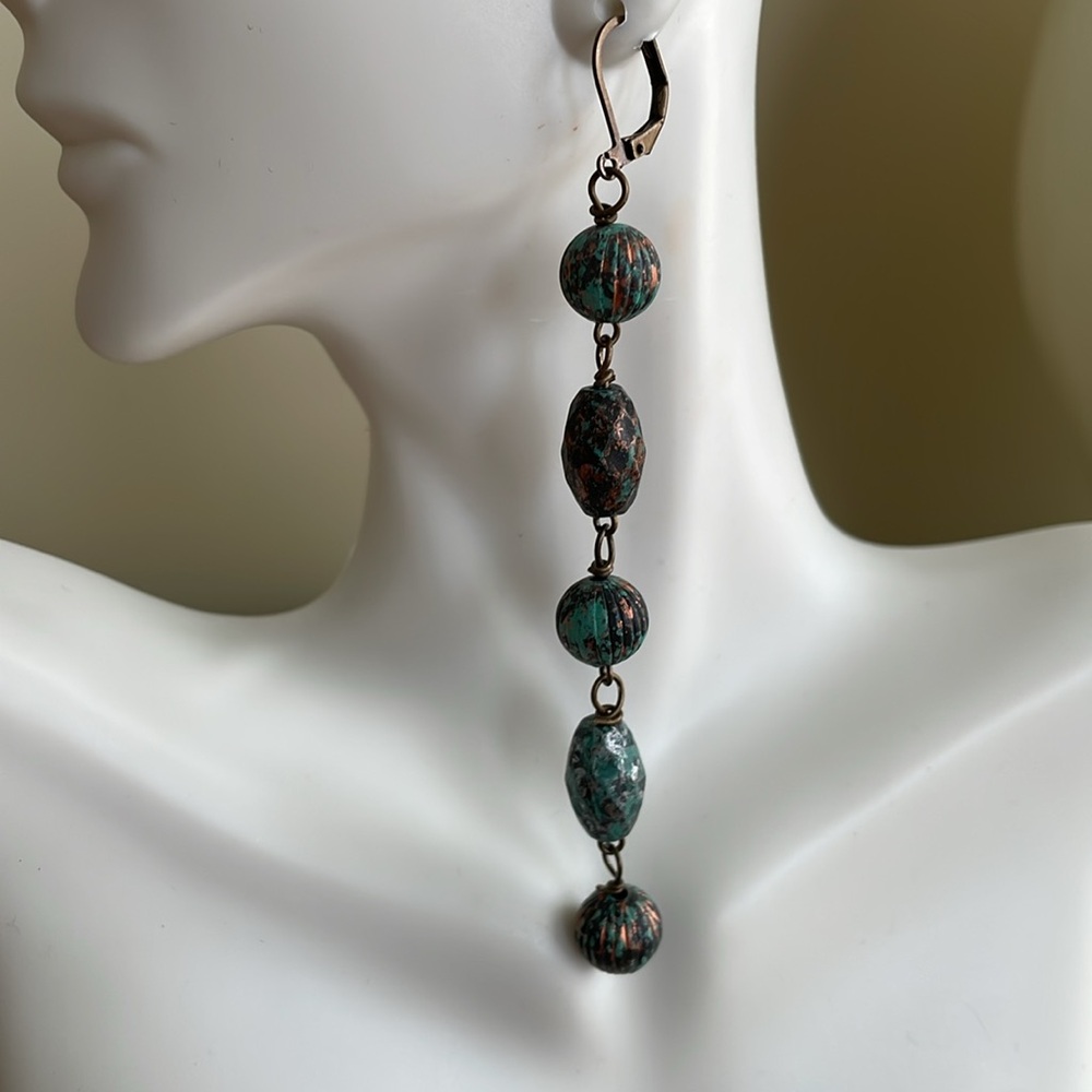 HAND CRAFTED SHOULDER DUSTER EARRINGS Patina Mint Green Copper Antiqued Brass - Picture 3 of 14